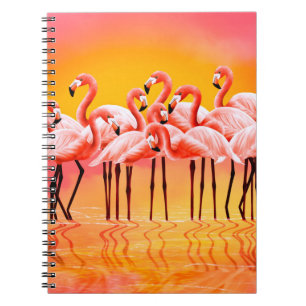 Panorama of pink flamingos on a bright pink backgr notebook