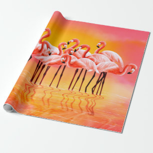 Panorama of pink flamingos on a bright pink backgr wrapping paper