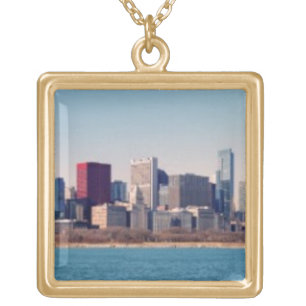 Panorama of the Chicago skyline Gold Plated Necklace