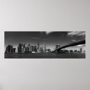 Panoramic Black White Brooklyn Bridge New York Poster