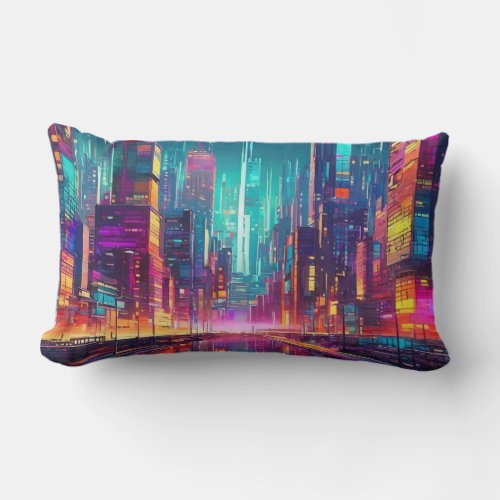 Panoramic Glitch City Lumbar Pillow