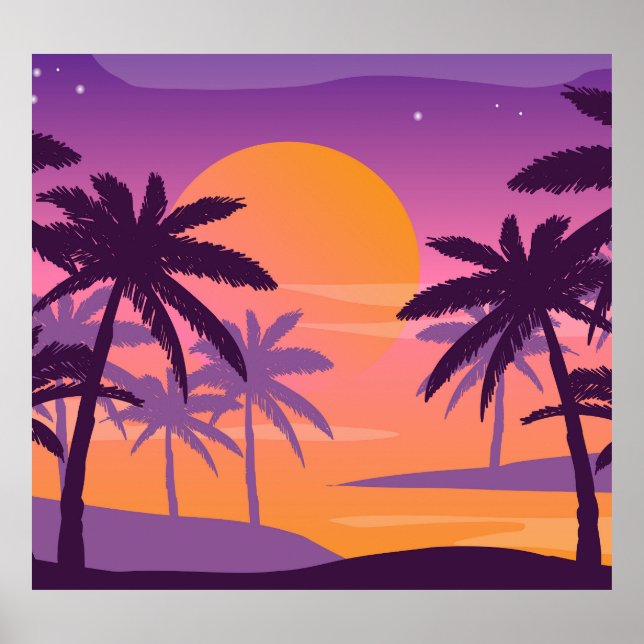 Panoramic landscape: sunset with palms. poster (Front)