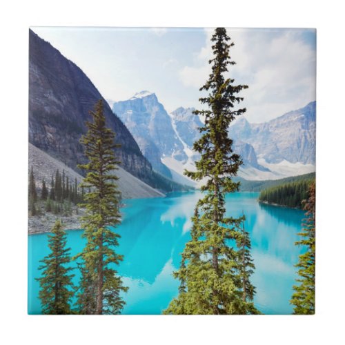 Panoramic of Moraine Lake  Valley of Ten Peaks Ceramic Tile