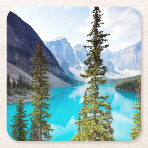 Panoramic of Moraine Lake  Valley of Ten Peaks Square Paper Coaster