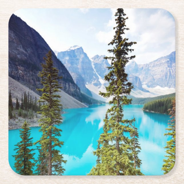 Panoramic of Moraine Lake | Valley of Ten Peaks Square Paper Coaster (Front)