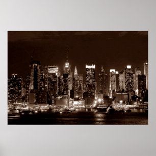 Panoramic Sepia Brown New York City Night Artwork Poster