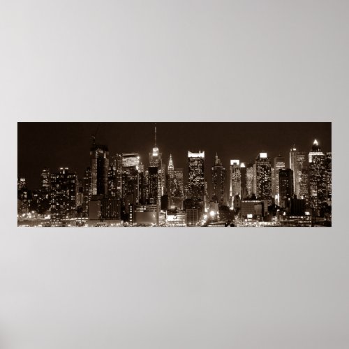 Panoramic Sepia Brown New York City Night Artwork Poster