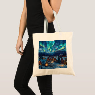 Panoramic Stained Glass Winter Village Tote Bag