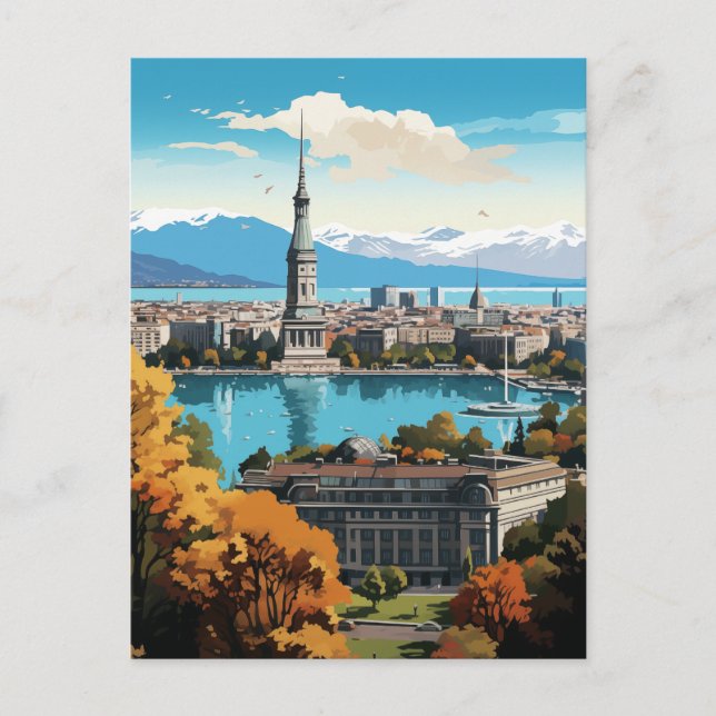 Panoramic Swiss Lakeside Cityscape Holiday Postcard (Front)