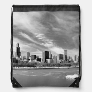 Panoramic view of Chicago skyline in winter Drawstring Bag