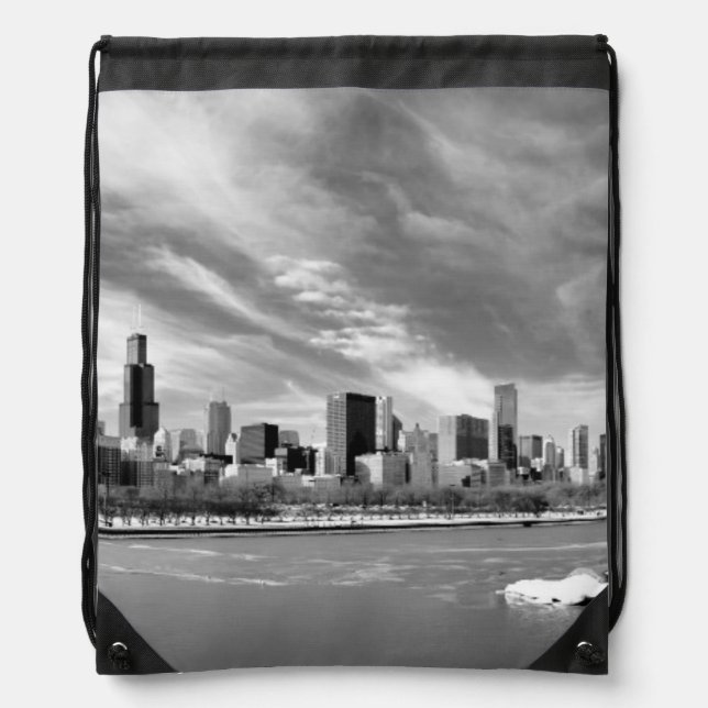 Panoramic view of Chicago skyline in winter Drawstring Bag (Front)