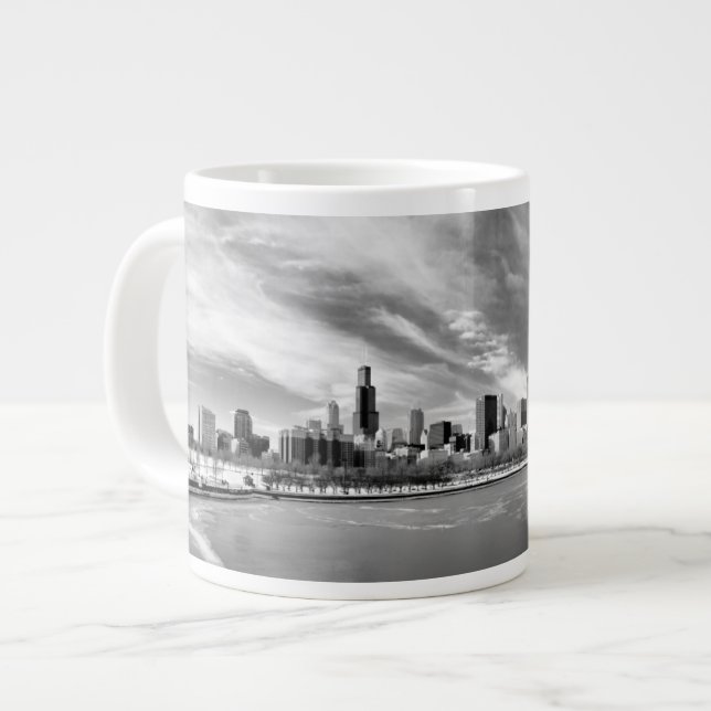 Panoramic view of Chicago skyline in winter Giant Coffee Mug (Front Left)
