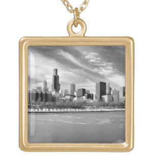 Panoramic view of Chicago skyline in winter Gold Plated Necklace