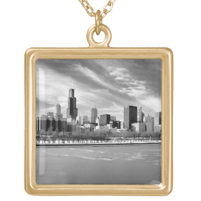 Panoramic view of Chicago skyline in winter Gold Plated Necklace (Front)