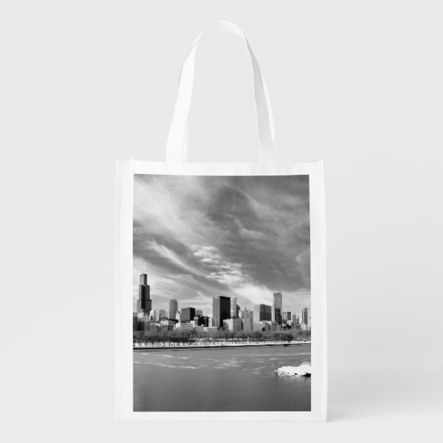 Panoramic view of Chicago skyline in winter Grocery Bag (Front)