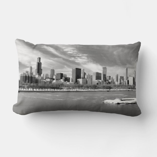 Panoramic view of Chicago skyline in winter Lumbar Pillow (Front)