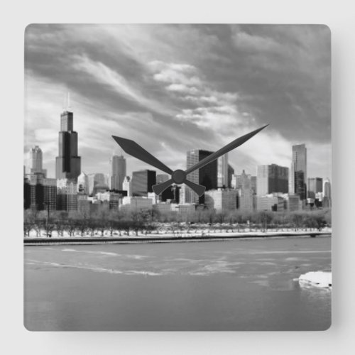 Panoramic view of Chicago skyline in winter Square Wall Clock