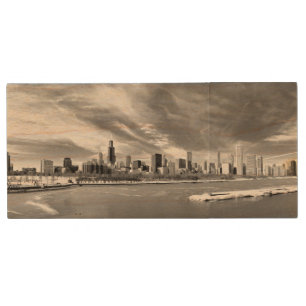 Panoramic view of Chicago skyline in winter Wood Flash Drive