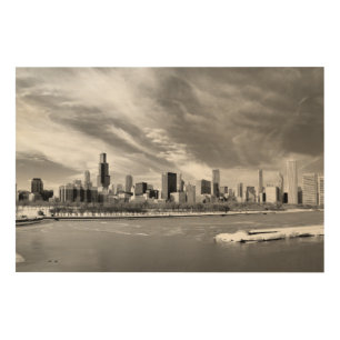 Panoramic view of Chicago skyline in winter Wood Wall Art