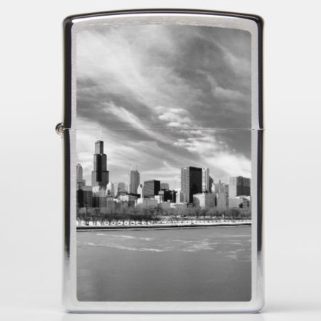 Panoramic View Of Chicago Skyline In Winter Zippo Lighter