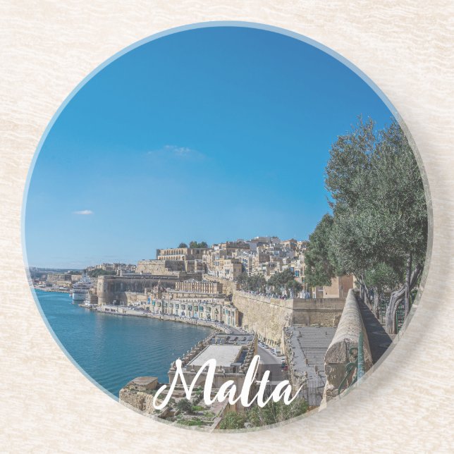Panoramic view of city wall and harbor in Valletta Coaster (Front)
