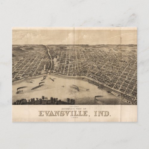 Panoramic view of Evansville Indiana 1880 Postcard