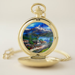 Panoramic View Of Everest Mountain Nepal Pocket Watch