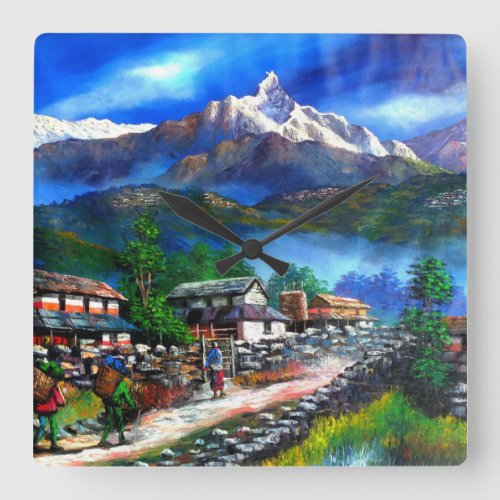 Panoramic View Of Everest Mountain Nepal  Square Wall Clock