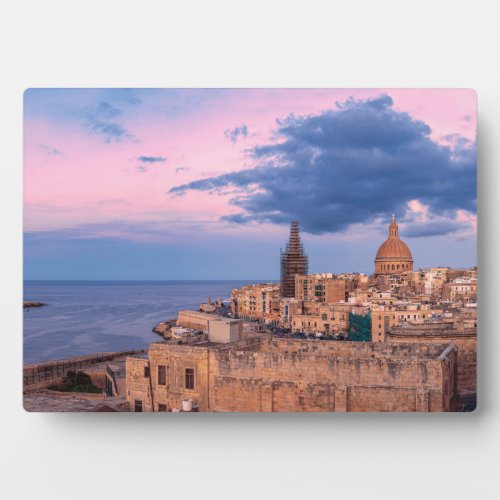 Panoramic view of sunset over Valletta Plaque