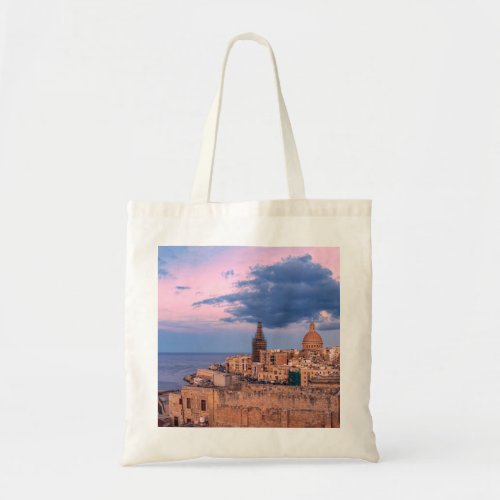 Panoramic view of sunset over Valletta Tote Bag