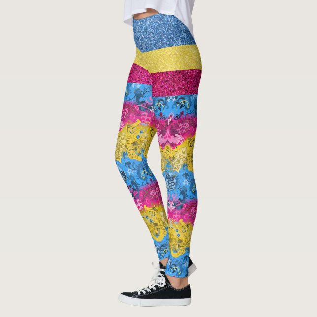 Pansexual Dragon Damask Glitter Pride Flag Colors Leggings (Left)