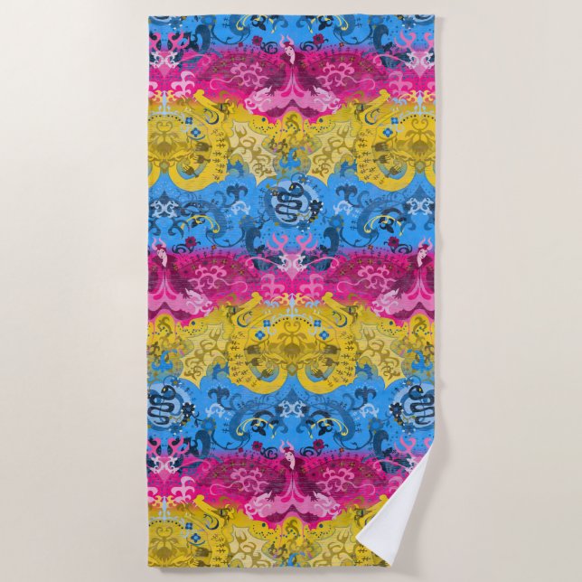 Pansexual Dragon Damask - Pride Flag Colors Beach Towel (Front)
