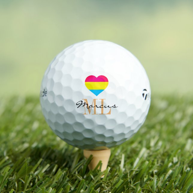 Pansexual Flag Heart & Pride Golf monogrammed LGBT Balls (Insitu Tee)