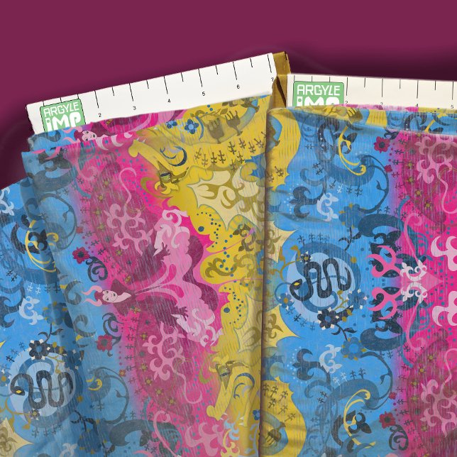 Pansexual pride flag colors dragon damask fabric (close-up with ruler)