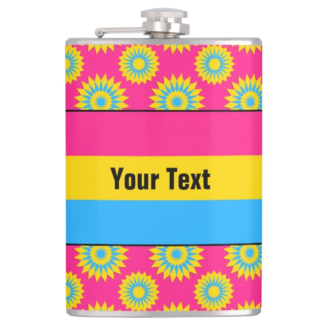 Pansexuality pride flag with a pink flower pattern flask (Front)