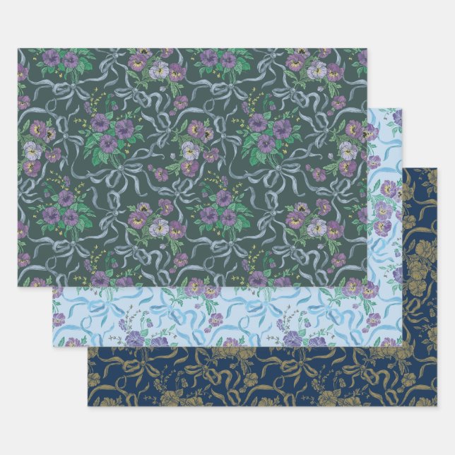 Pansies and Bows Floral Wrapping Paper Sheets (Set)