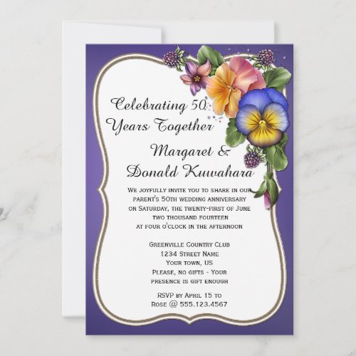 Pansies and Gold Frame on Purple 50th Anniversary Invitation
