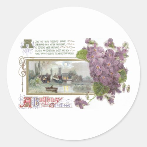 Pansies and Serene Vignette Vintage Birthday Classic Round Sticker
