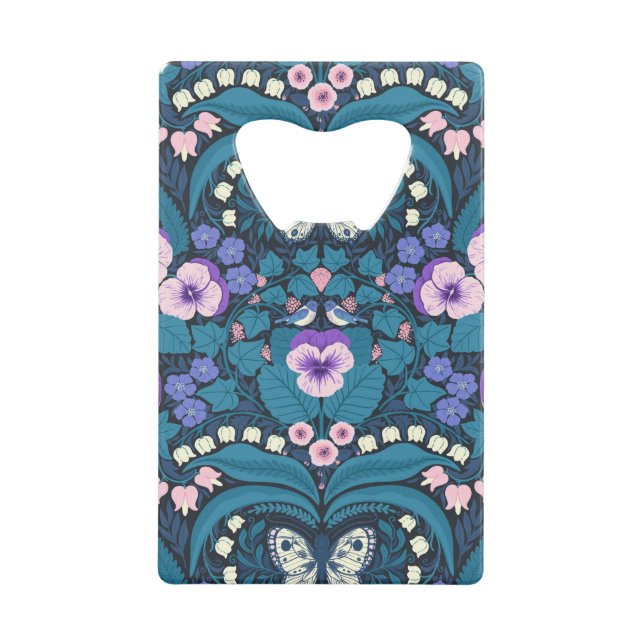 Pansies, birds and butterflies credit card bottle opener (Front)