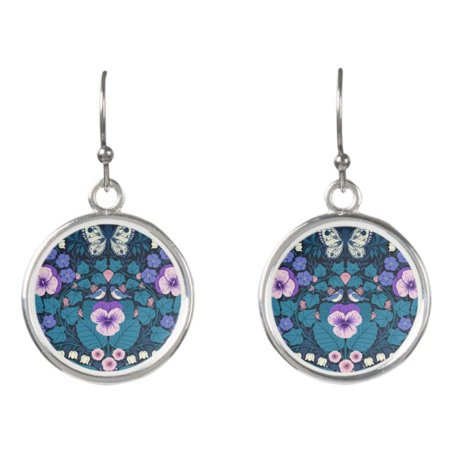 Pansies, birds and butterflies earrings (Front)