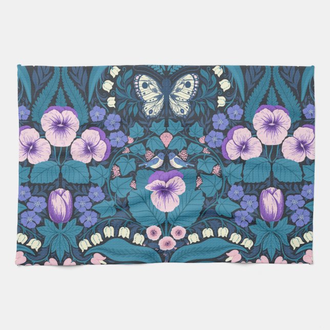Pansies, birds and butterflies kitchen towel (Horizontal)