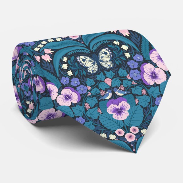 Pansies, birds and butterflies neck tie (Rolled)