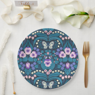 Pansies, birds and butterflies paper plates