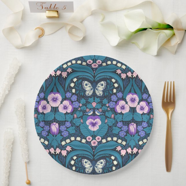 Pansies, birds and butterflies paper plates (Wedding)