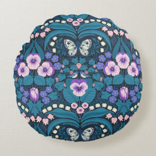 Pansies, birds and butterflies round pillow