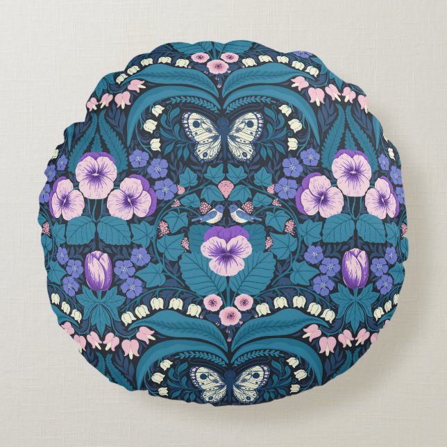 Pansies, birds and butterflies round pillow (Front)