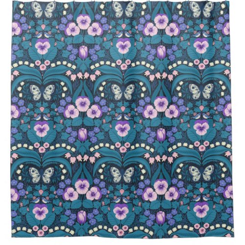 Pansies birds and butterflies shower curtain