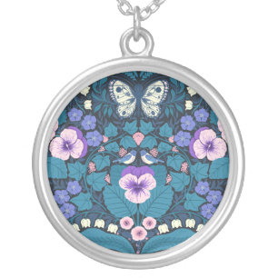 Pansies, birds and butterflies silver plated necklace