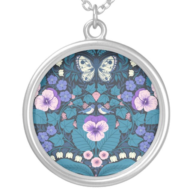Pansies, birds and butterflies silver plated necklace (Front)