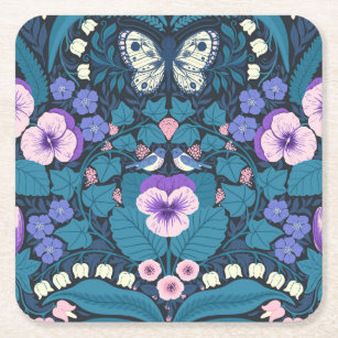 Pansies, birds and butterflies square paper coaster